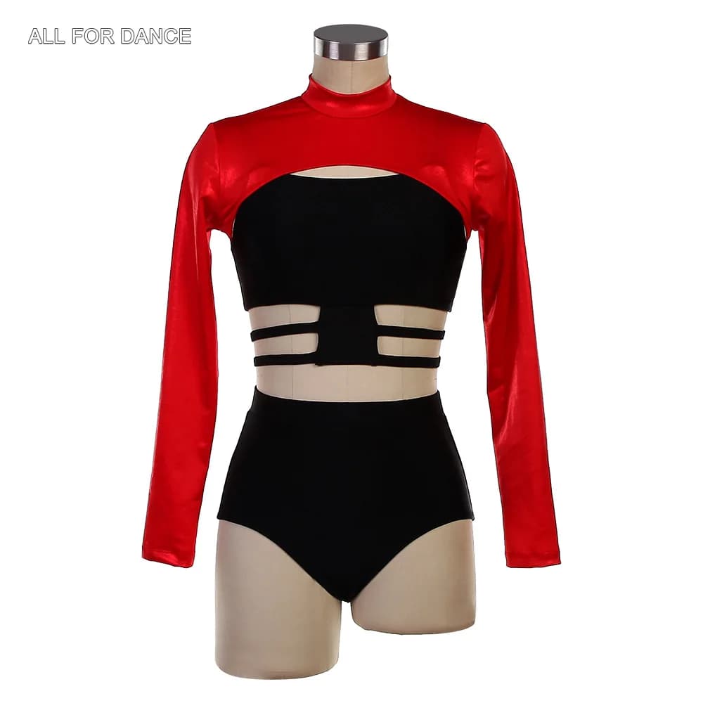 26084 Robes de ballet en spandex noir et rouge 2 en 1 pour adultes et filles, manches longues, costu