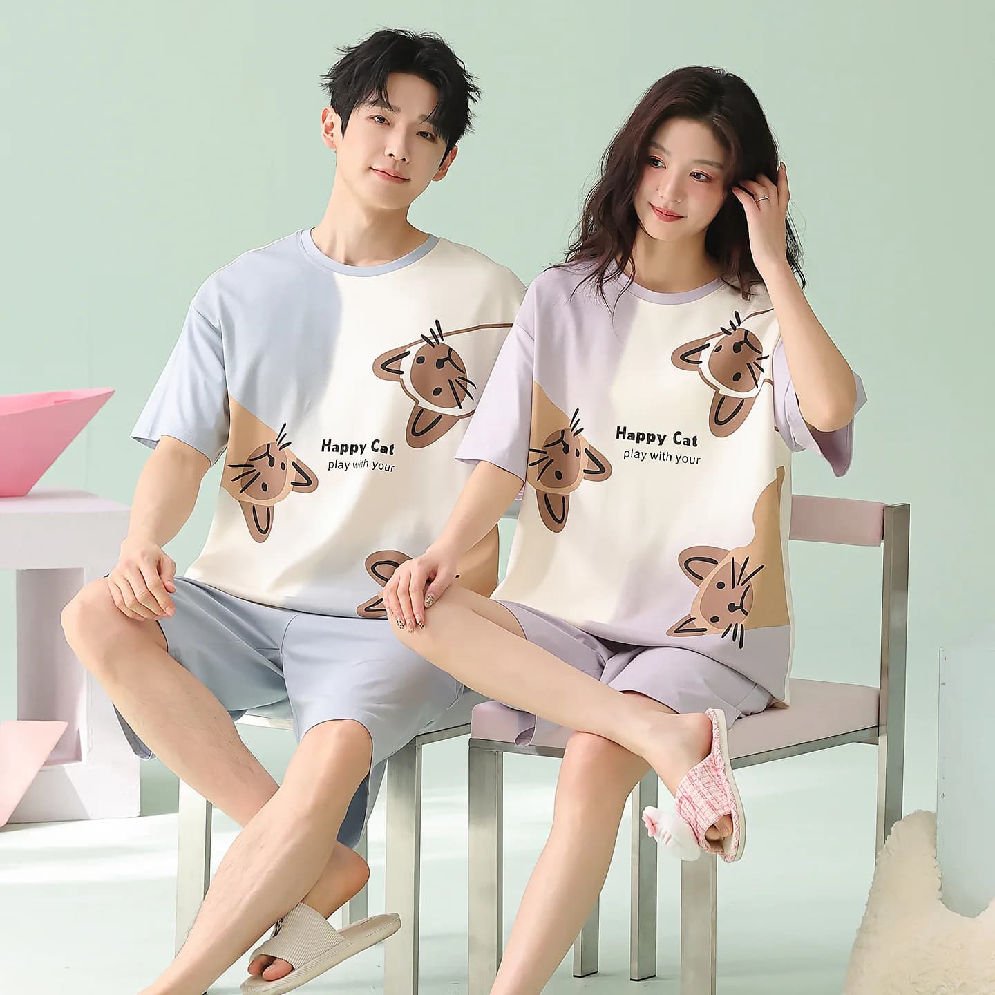 Pyjama d'été à manches courtes pour femmes, ensemble de pyjama de dessin animé, en pur coton, vêteme