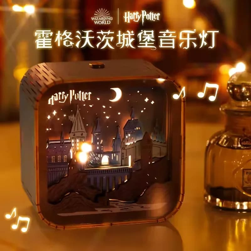 Nouveau Kawaii Harry Anime poudlard château veilleuse sculpture sur bois boîte à musique de noël pla