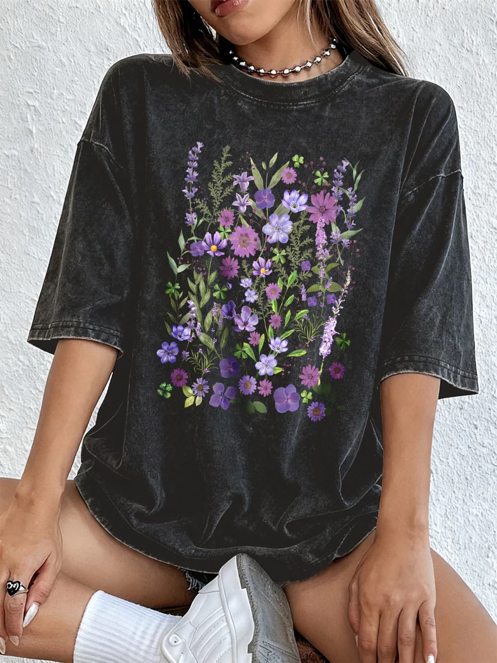 T-shirts pour femmes en coton à manches courtes, imprimés de fleurs aquarellées violettes, style str