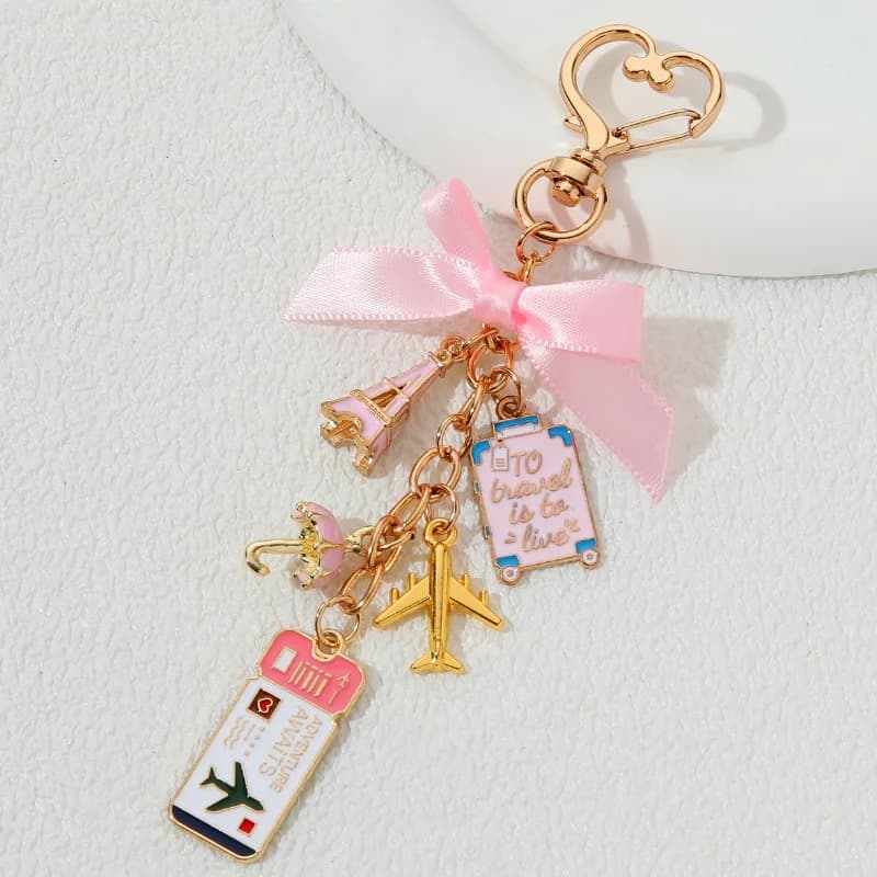 Porte-clés en émail, billet rose, avion, tour Eiffel à Paris, amour, romantique, pour femmes et fill