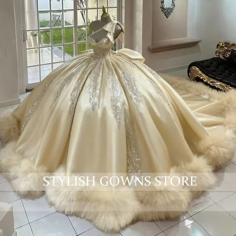 Robe Quinceneara Champagne, robe de bal pour 15 ans, avec nœud, une épaule, dentelle superposée, déc