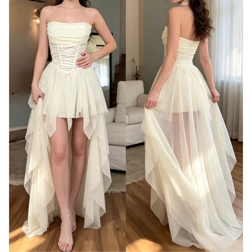 Robe de mariée personnalisée minimaliste à épaules dénudées, style corset ajusté, 2026, devant bas,
