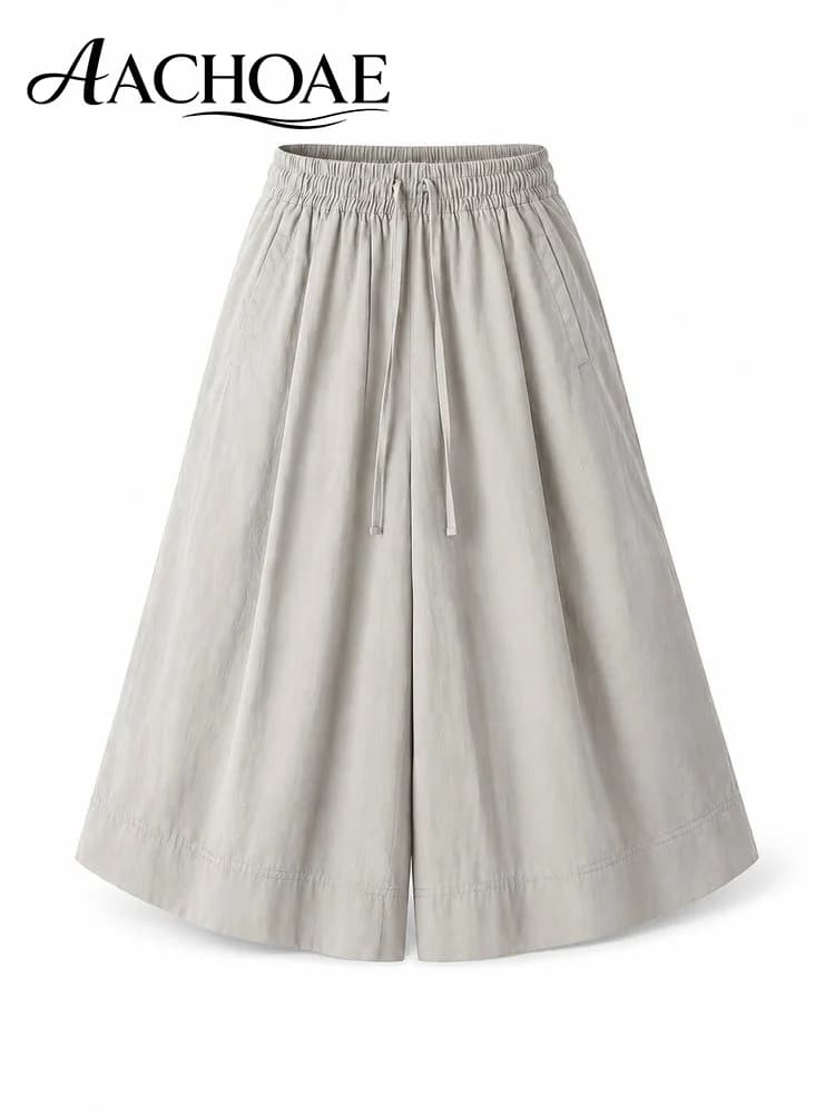 Pantalon Culotte Ample Femme Taille Haute Coupe Palazzo Longueur Midi Décontracté Été avec Poches