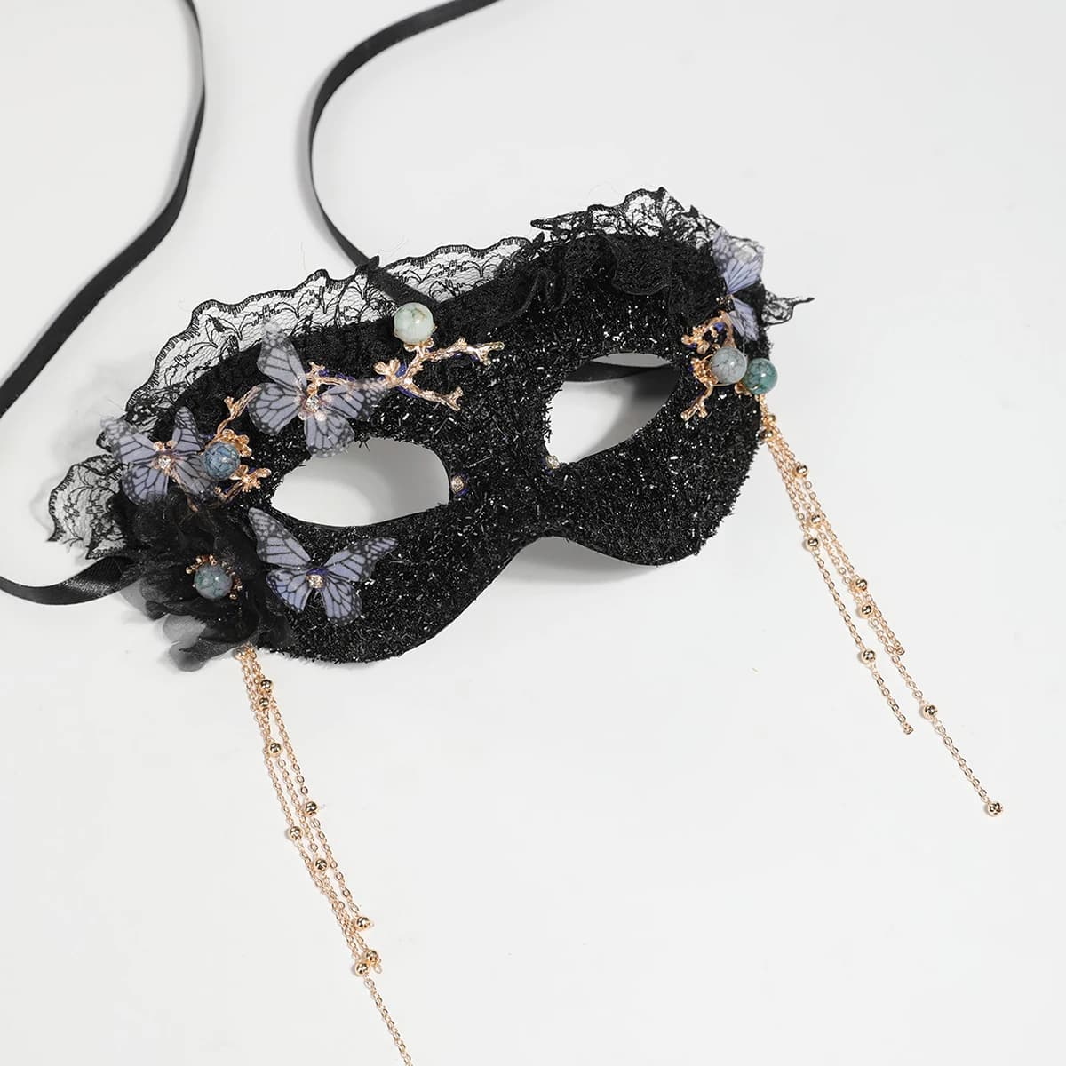 【Night sombre papillon ombre】 masque à paillettes en dentelle noire papillon perle gland demi-visage