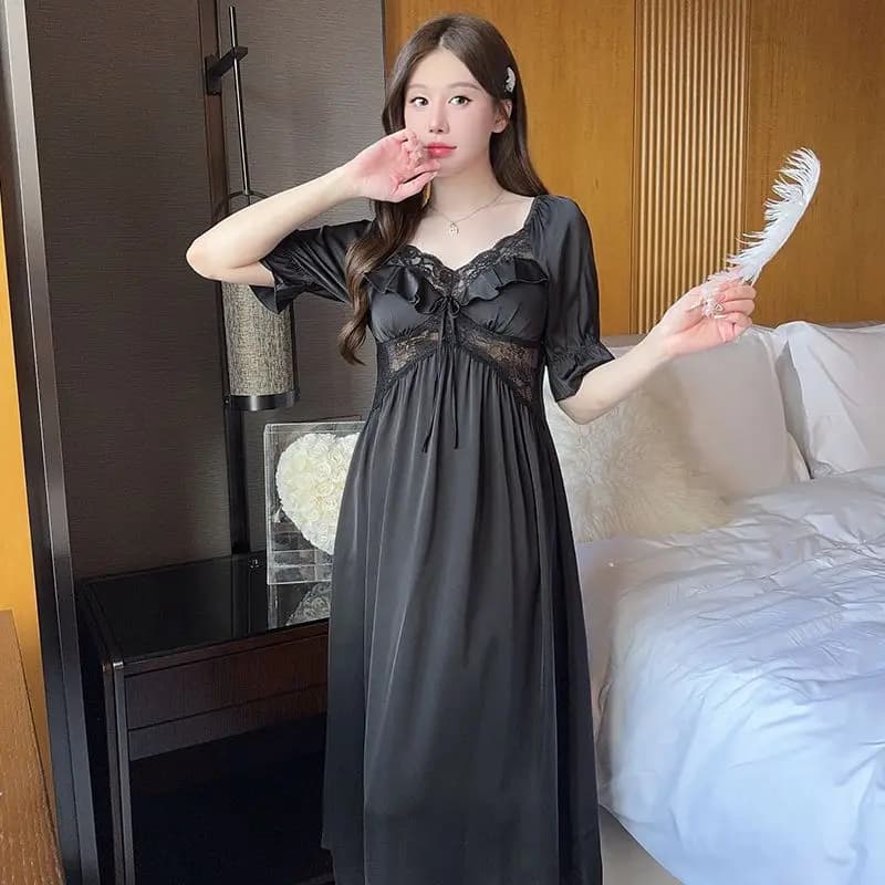 Nouvelle Robe de Nuit Sexy en Soie Glacée et Dentelle à Col en V à Manches Courtes pour Femme – Coll
