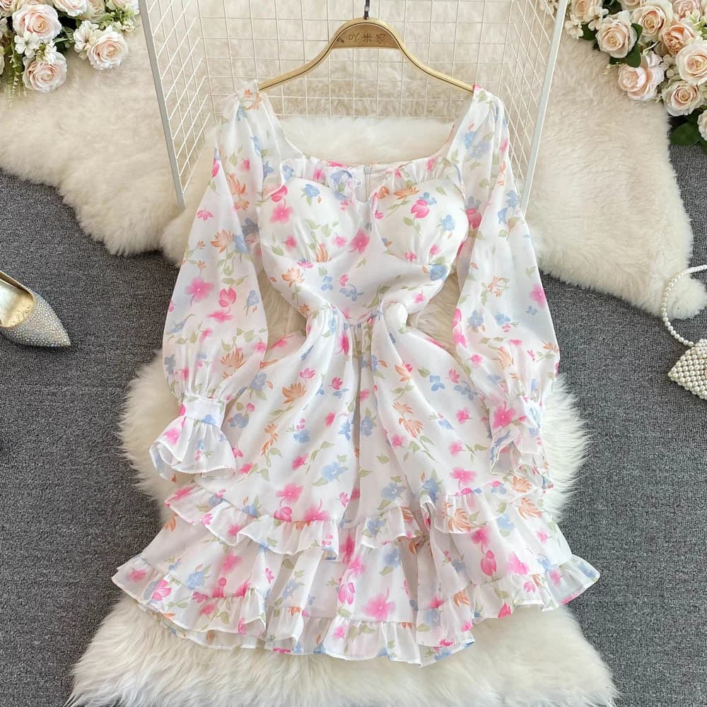 Robe française à fleurs pour femmes, Mini robe printemps été, col carré, manches longues, taille fin