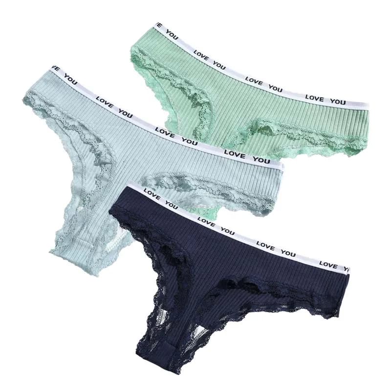 Lot de 3 tongs en coton pour femmes, culottes taille basse, sous-vêtements en dentelle, pantalons T-