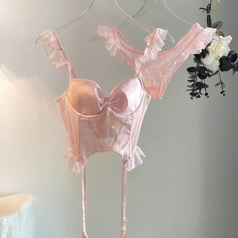 Rose femmes intimes soutien-gorge à armatures et tongs dames ensemble de sous-vêtements bouton arriè