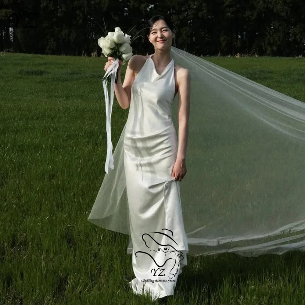 Robe de mariée coréenne élégante personnalisée YZ, style halter, en satin, longue, simple, sans manc