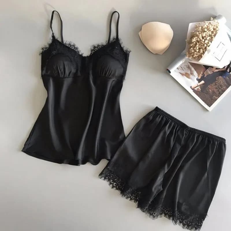 Femmes pyjama costume mode col en v Stretch Satin nuisette dentelle Sexy Lingerie nœud papillon Pyja