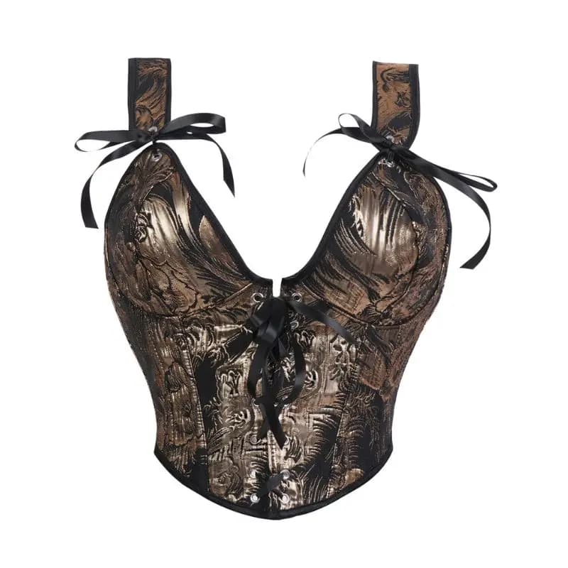 Corset pour femme noir et or, jacquard baroque, avec nœud à nouer, larges bretelles, décolleté en V