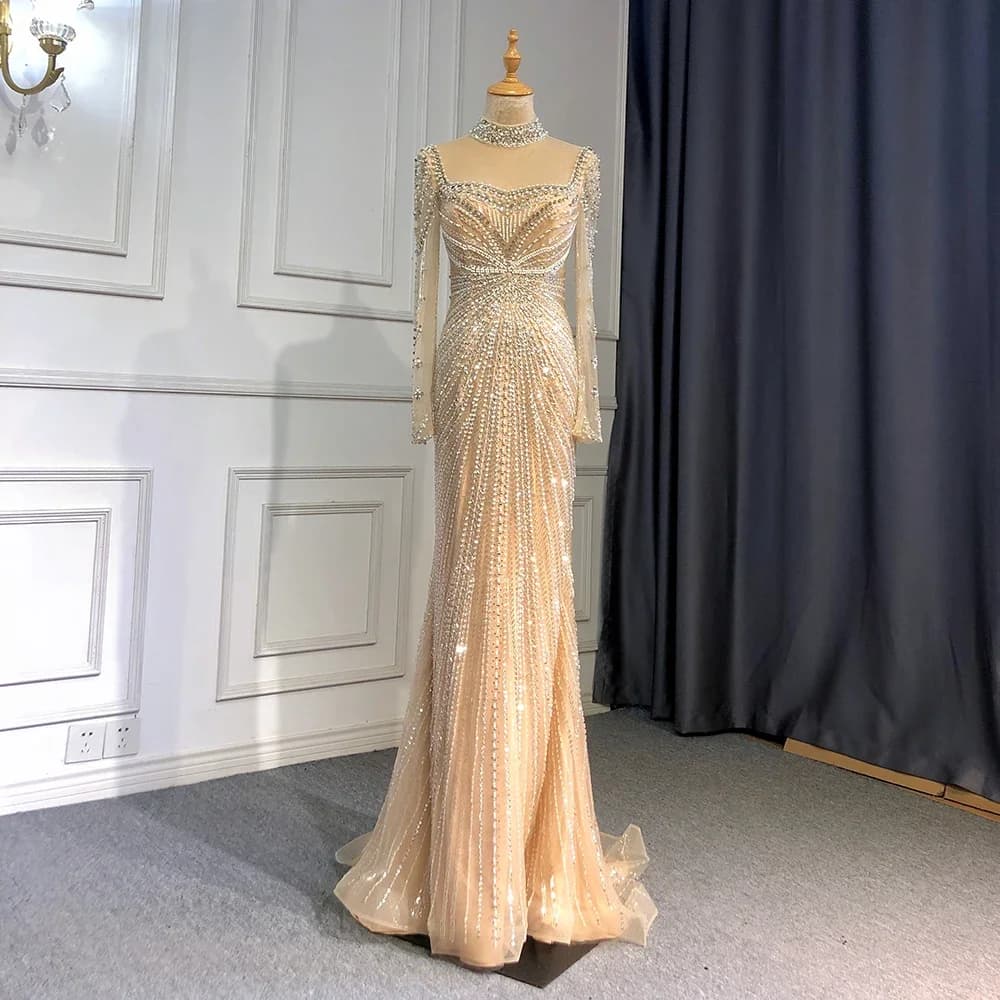 SERENE HILL-robe de soirée de forme sirène, tenue de soirée élégante, couleur chair, luxueuse, avec