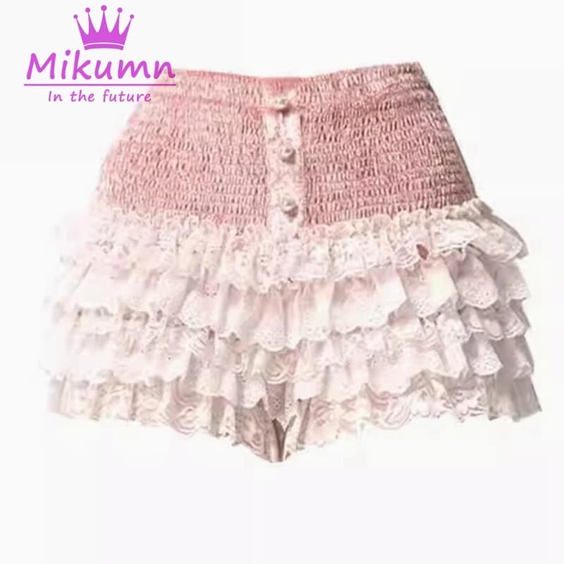 Mikumn-Jupes en dentelle de style Lolita douce japonaise pour femmes, taille haute élastique, volant