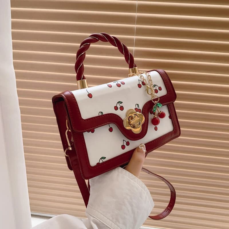 Sac à bandoulière imprimé cerise pour femmes, sac à bandoulière carré de luxe à poignée supérieure,