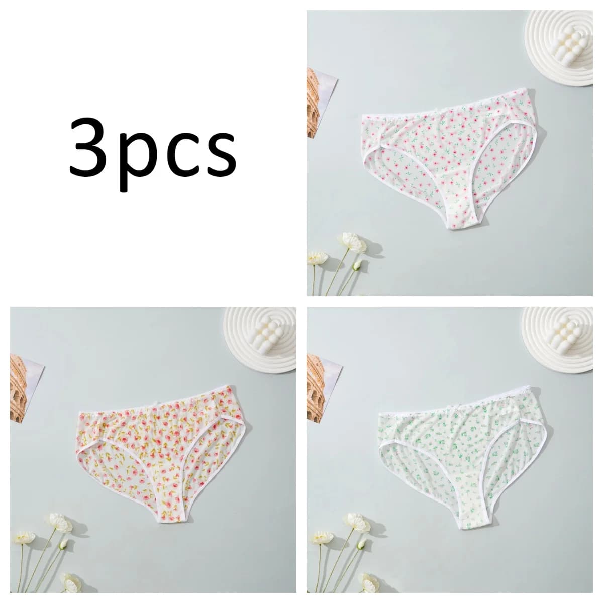 Ensemble de 3 culottes string en tulle à imprimé floral frais – Sous-vêtements légers et respirants