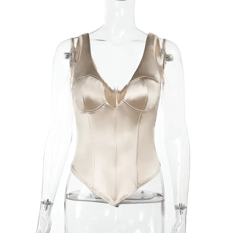 Débardeur Femme en Satin Champagne, Col en V, Style Corset, Sexy, Sans Manches, Dos Nu, Coupe Ajusté