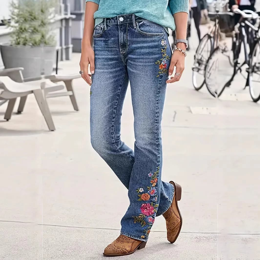 Jean femme coupe botte pantalon évasé Stretch taille moyenne broderie pleine longueur pantalon lavé