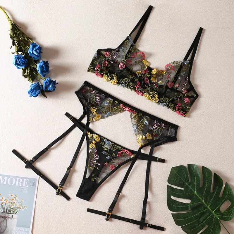 Ensemble de Lingerie Sexy 3 pièces pour femmes, sous-vêtements en dentelle, soutien-gorge Transparen