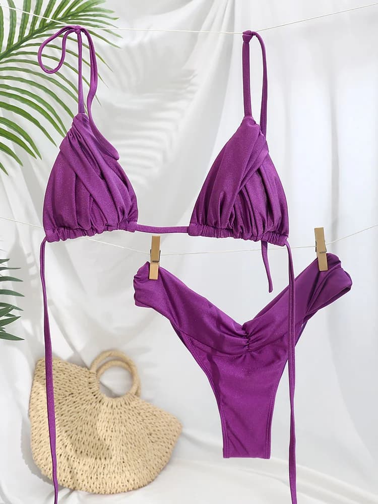 Sexy plis Bikini ensemble solide Micro Bikinis femmes maillot de bain femme Triangle maillots de bai