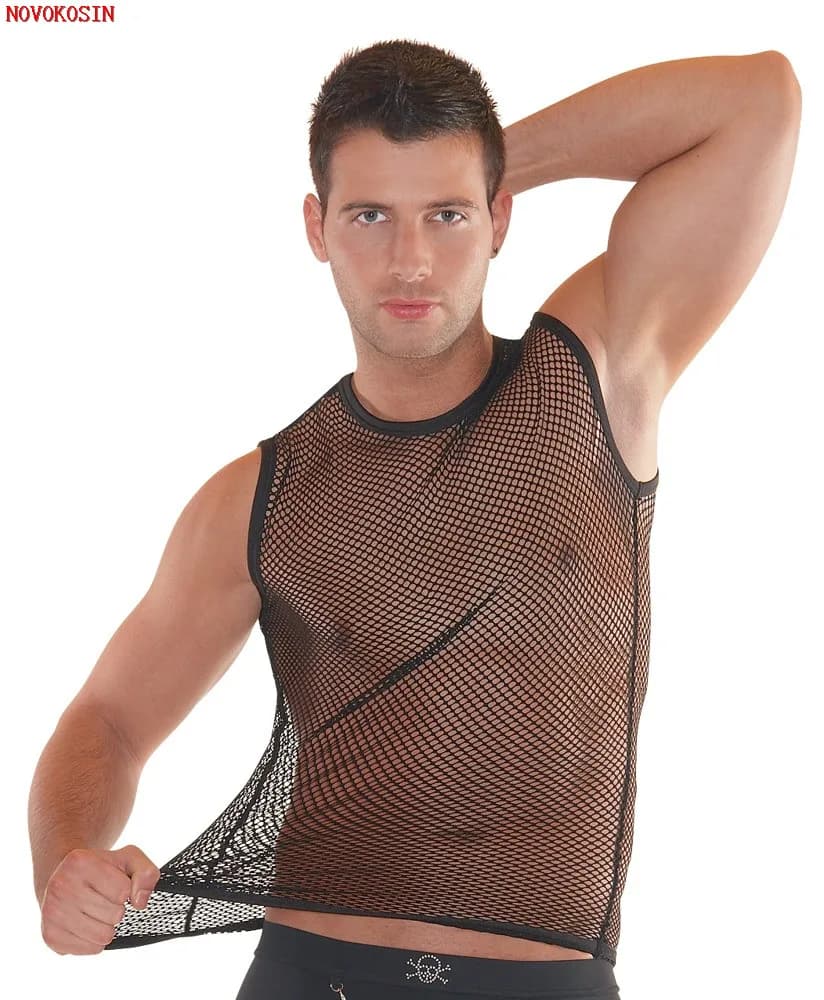 M-2XL Night Club Plus Taille fibrBlack Chemise D'été Style De Mode Poisson Tulle Net Réservoirs Homm