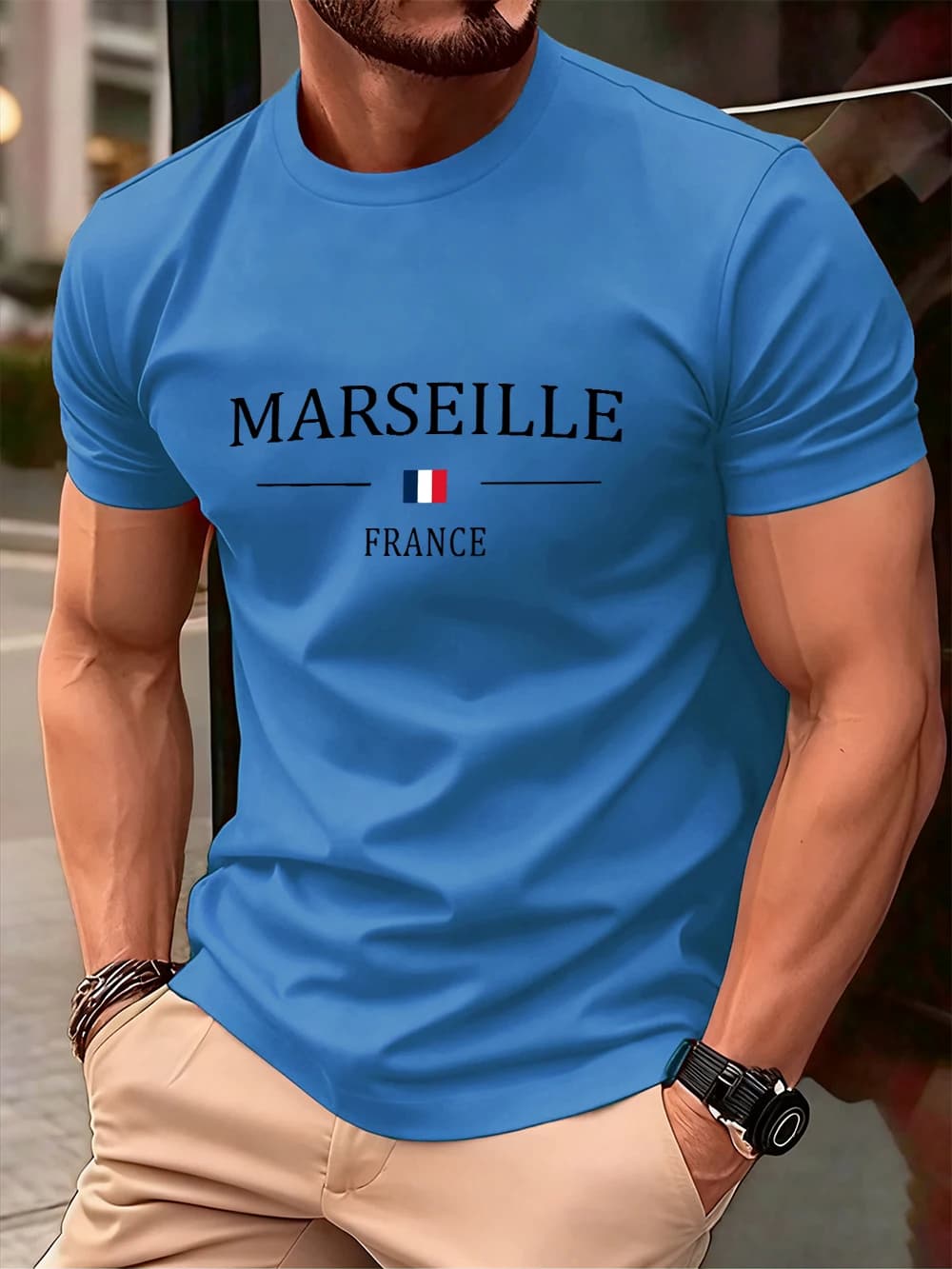 Marseille France drapeau impression coton T-Shirts hommes été surdimensionné col rond t-shirt à manc