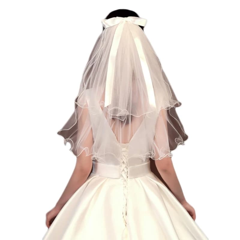 Y1UB – voile mariée à 2 niveaux avec peigne, orné d nœud, longueur coude, bord bouclé, court en Tull