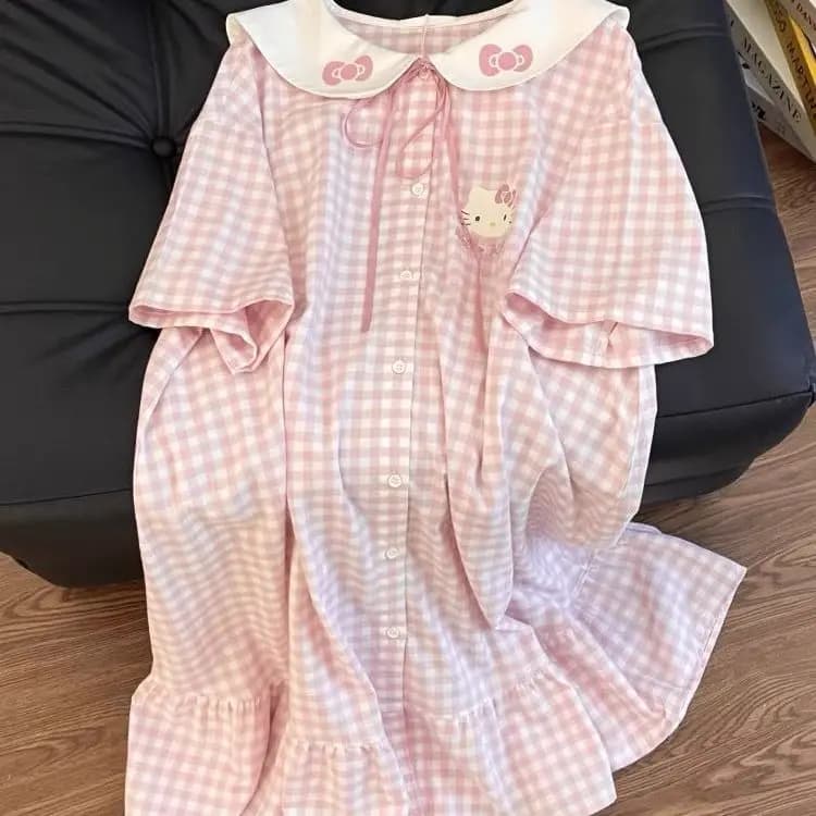 Sanrio Hello Kitty2026 nouvelle chemise de nuit mignonne pour femmes, robe d'été à carreaux à volant