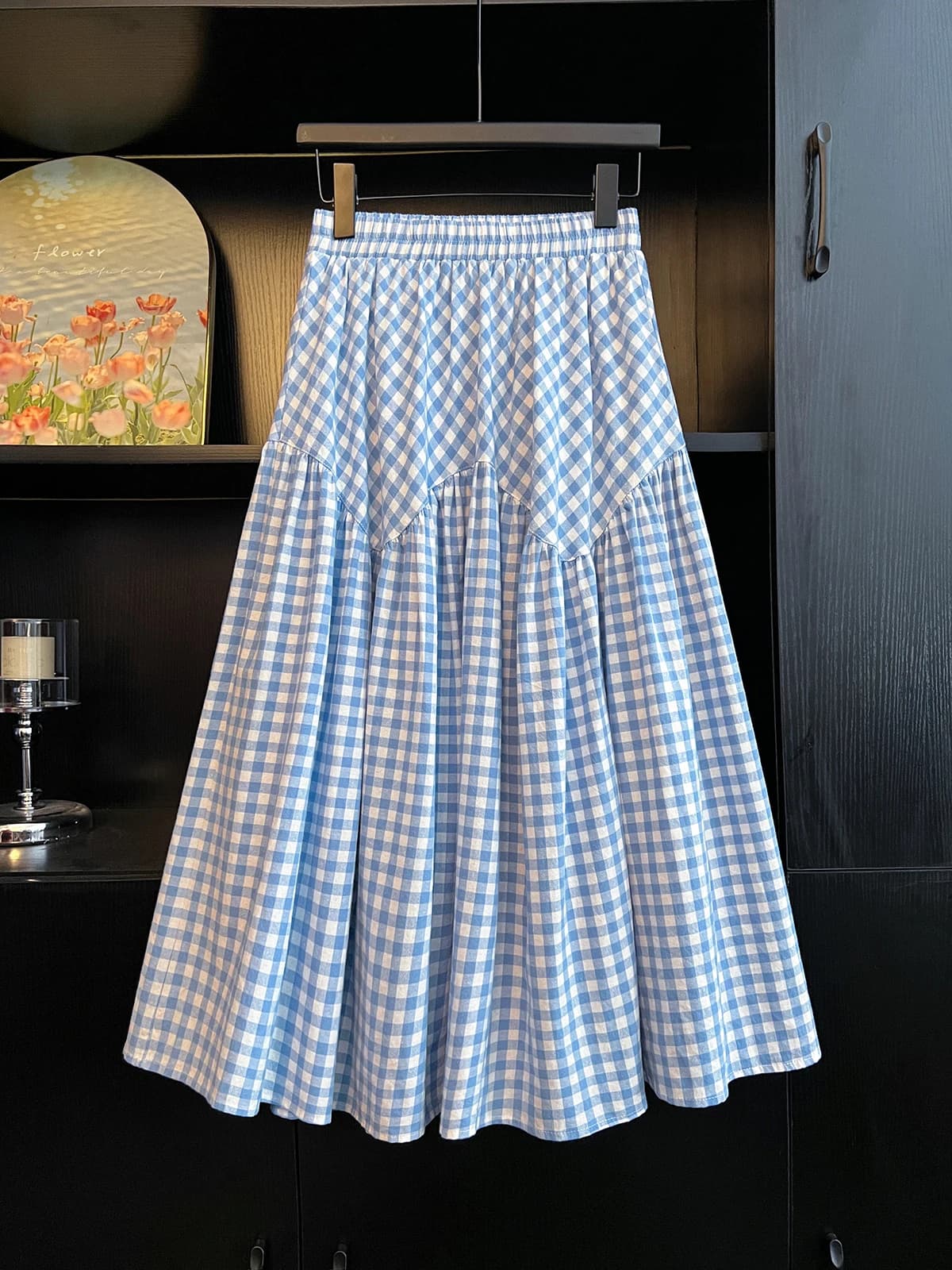 Jupe longue trapèze bleue à carreaux pour femme, style coréen, ample, dissimule les hanches, design