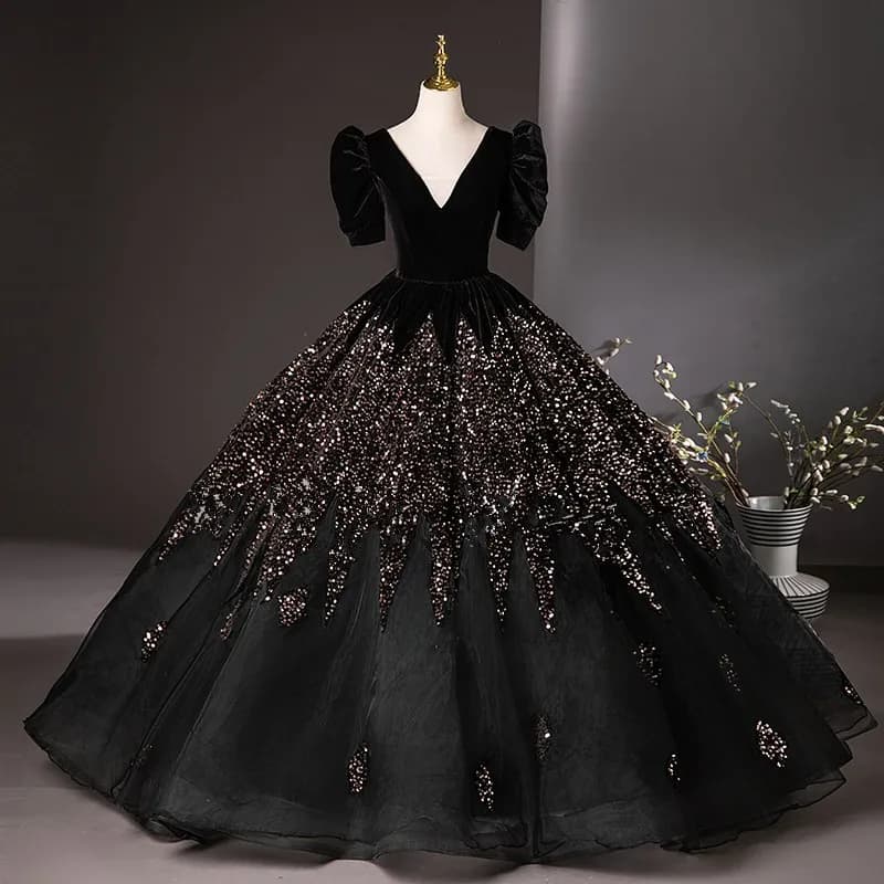 Robe de soirée de cérémonie pour adultes haut de gamme avec col en V, manches bouffantes et une long