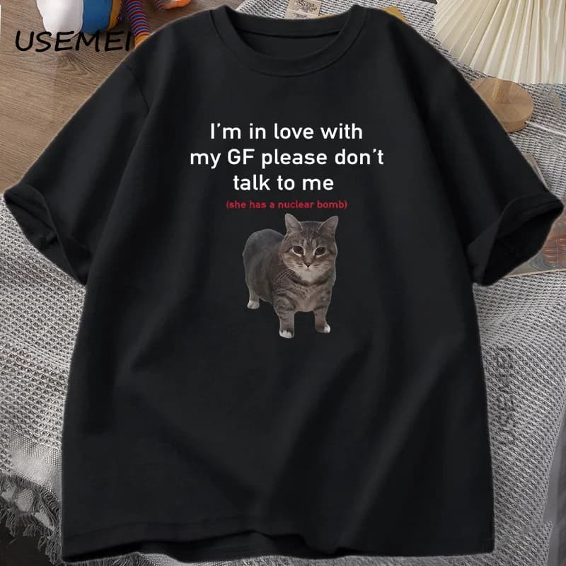 Je suis amoureux de mon GF drôle chat T-shirts petits amis coton ample col rond surdimensionné T-shi