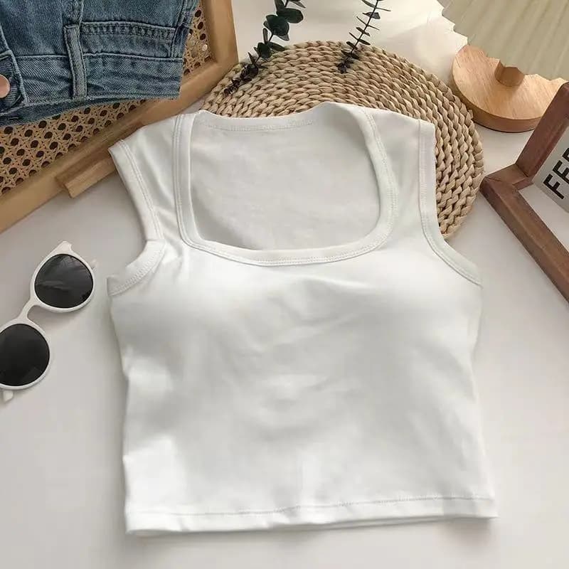 Haut Court et Décontracté avec Soutien-Gorge Intégré pour Femme, Col Carré, Basique, Solide, à la Mo