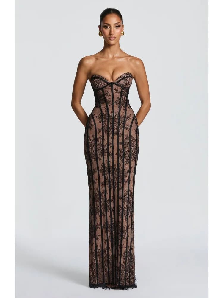 Robe longue moulante en dentelle 2026 avec corset, motif côtelé vertical complexe, coupe ajustée pou