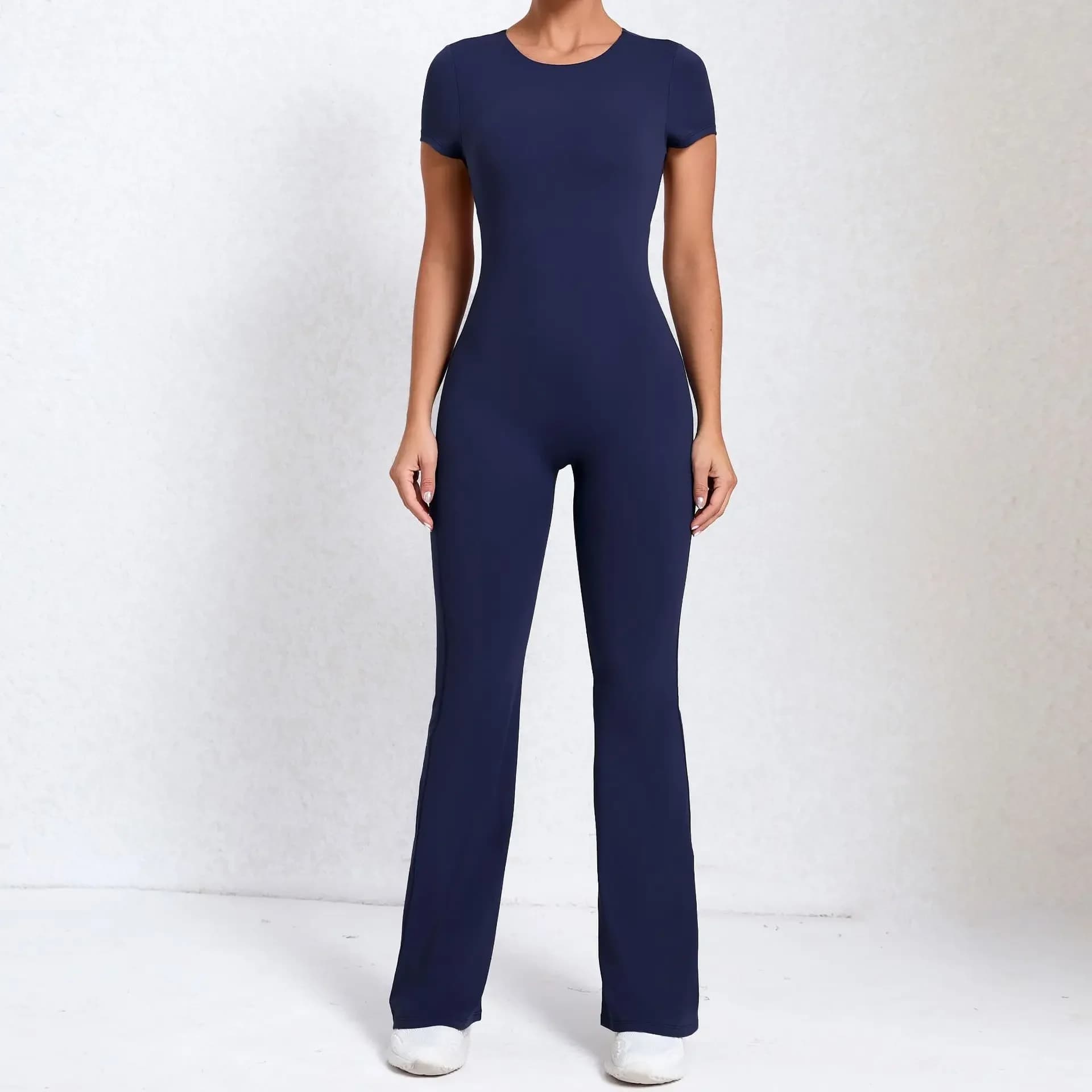 Combinaisons de Yoga moulantes pour femmes, dos nu, manches courtes, Fitness, jambes larges, fesses
