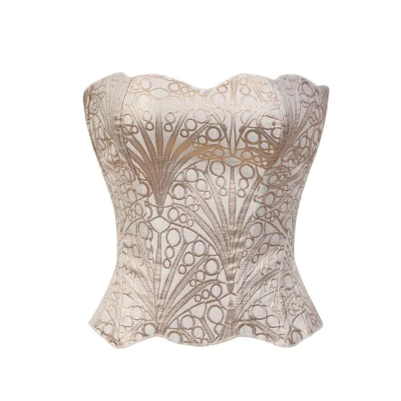 Haut corset vintage noir/doré à motifs, corsage structuré sans bretelles avec baleines