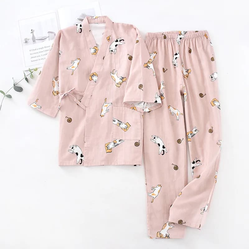 Pyjama Kimono pour femmes, vêtements d'intérieur imbibés, impression de chat, design de dessin animé