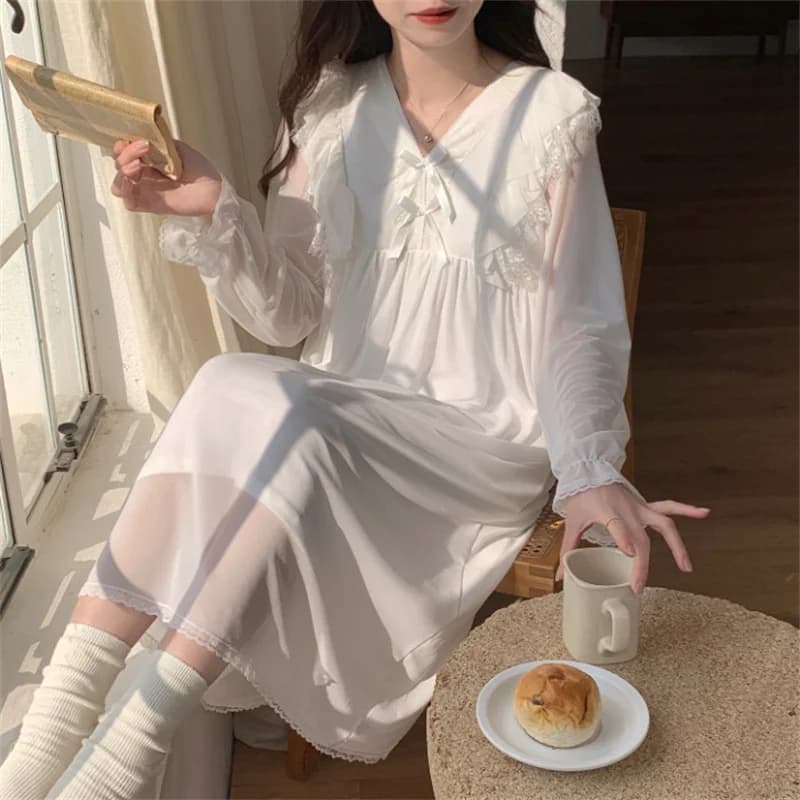 Princesse douce chemises de nuit femmes ample col en V à manches longues chemise de nuit automne hiv