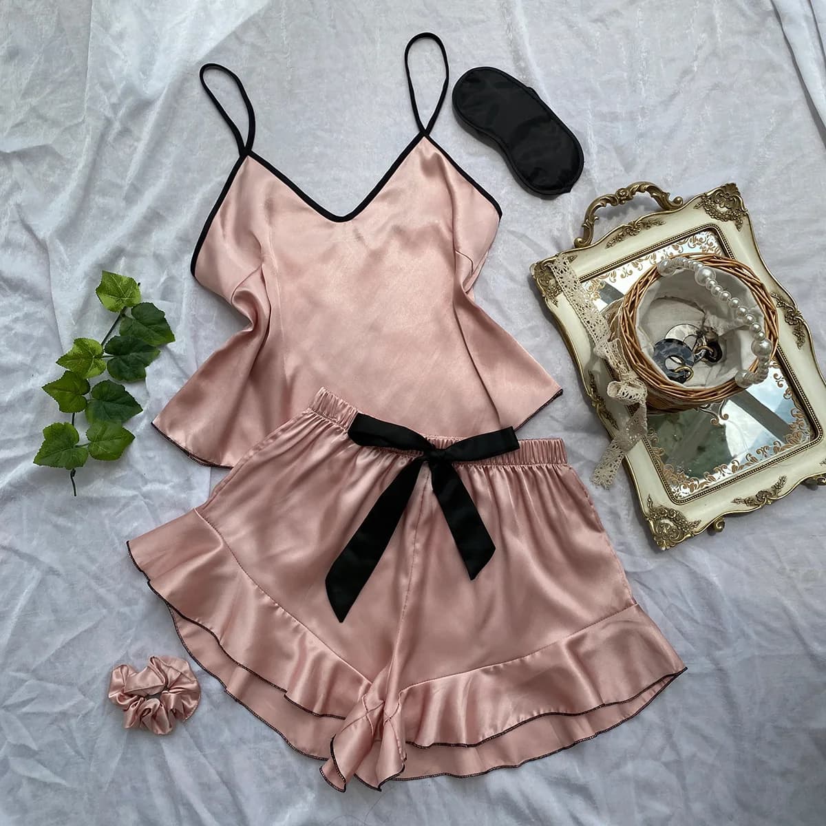 Ensemble pyjama en Satin avec short, 2 pièces, col en v, Lingerie confortable, tenue d'été