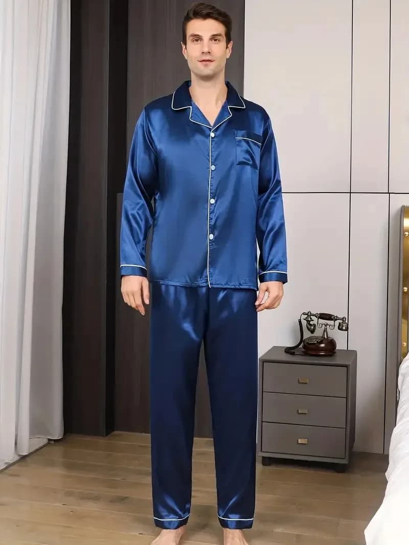 Nouveaux hommes pyjamas ensemble soie Satin vêtements de nuit pour homme chemise à manches longues P