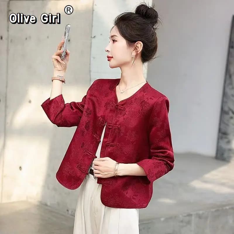 Veste Traditionnelle Chinoise Rouge en Jacquard Brodé avec Boutons, Manteau d'Automne et de Printemp