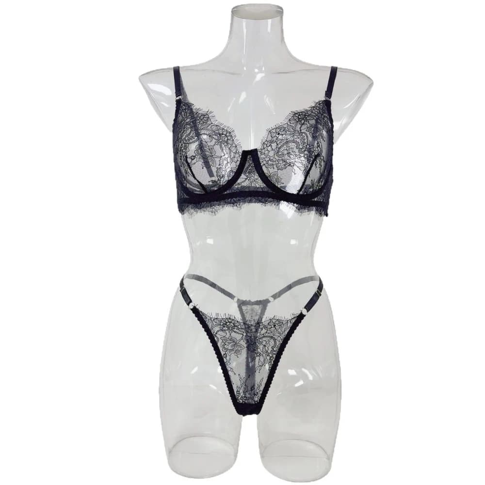 Ensemble de lingerie en dentelle transparente, soutien-gorge sexy et culotte string en dentelle flor