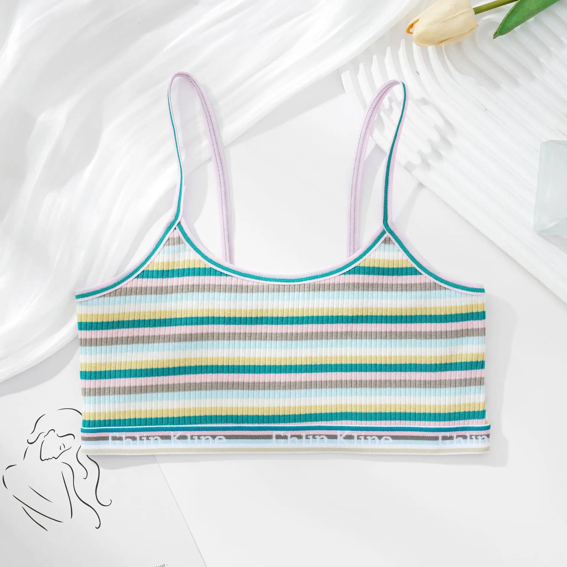 Soutien-gorge en coton respirant pour femme, bralette fine pour petite poitrine, soutien-gorge rayé