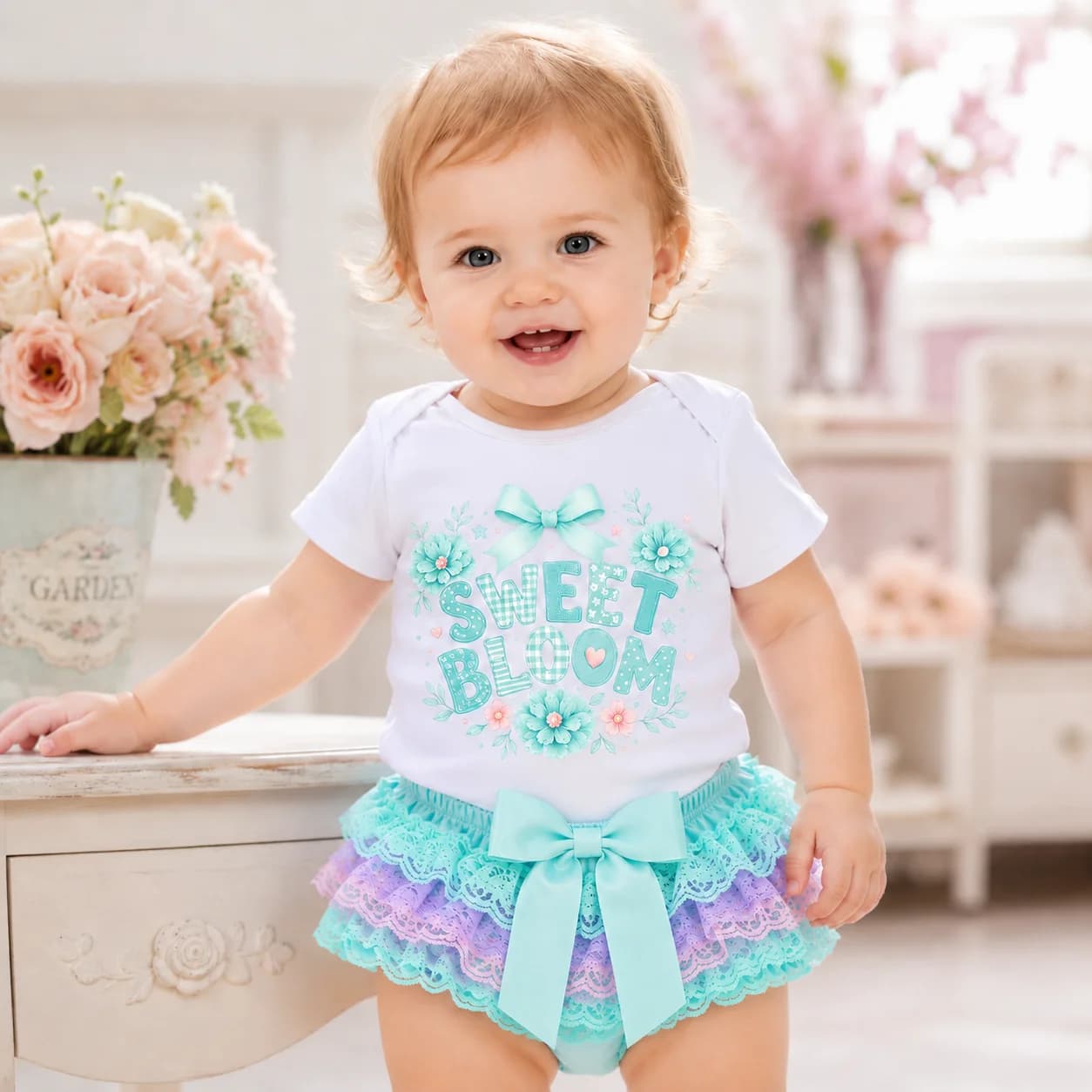 Ensemble floral Sweet Bloom pour bébé fille : body à manches courtes, jupe tutu en dentelle, nœud me