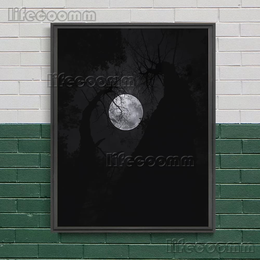 Toile d'art mural solitaire pleine lune, peinture d'arbres anciens avec vignes flétries sous la lune