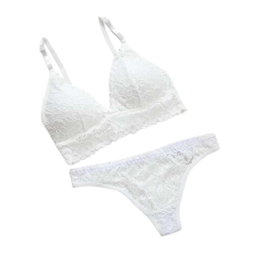 Ensemble soutien-gorge et culotte en dentelle à fleurs, col en V, couleur unie, taille basse, string
