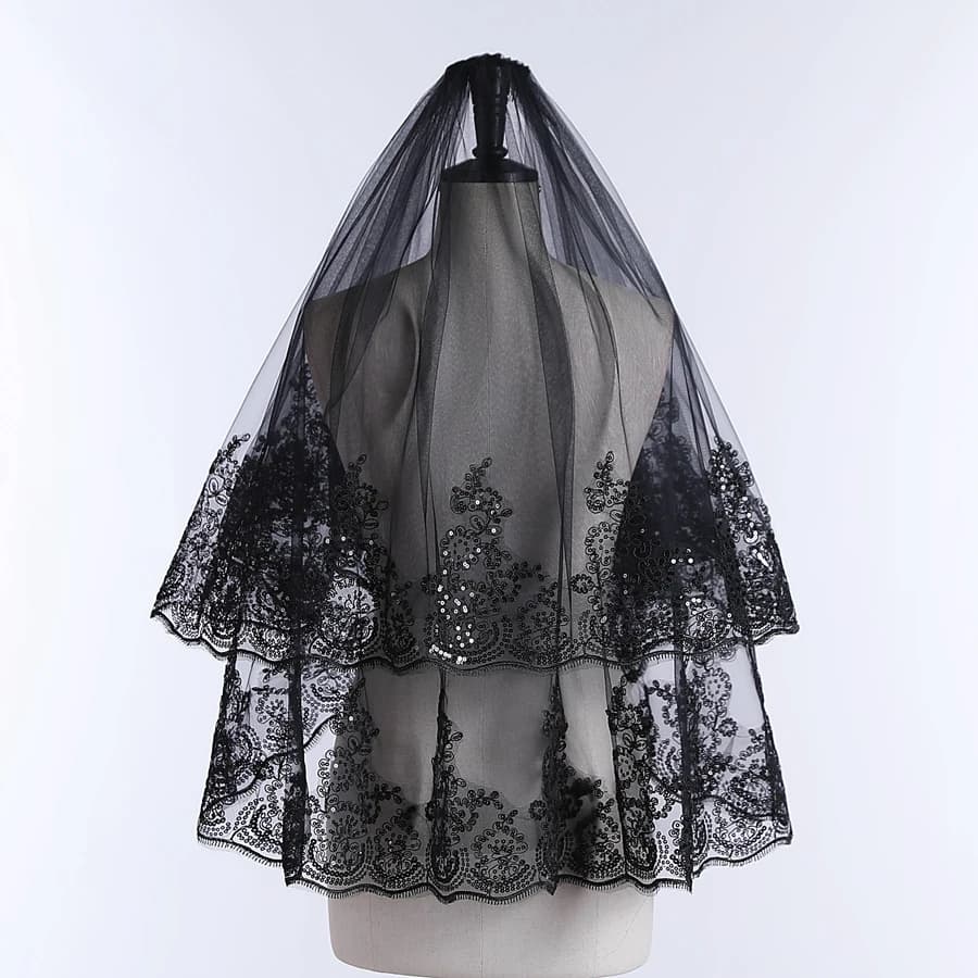 Voile de Mariage à 2 Couches avec Bord Appliqué, Court, en Dentelle Noire, pour Patients, Nouvelle C