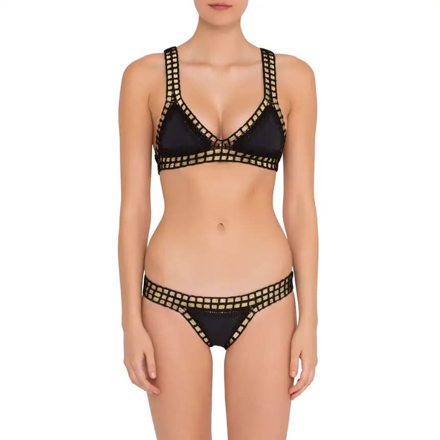 Maillot de bain bikini noir à paillettes fait main au crochet pour jeunes filles, ensemble de bikini