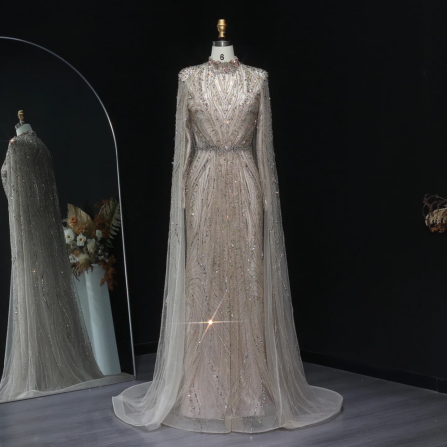 Sharon Said luxe Champagne manches longues robe de soirée avec Cape pour les femmes de mariage robes