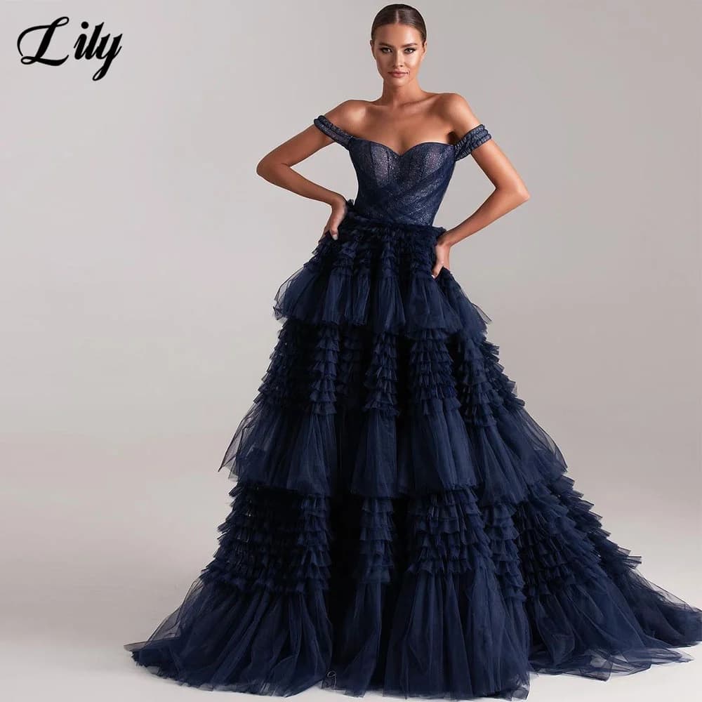 Lily-Robe de soirée chic en filet bleu marine pour femme, robe de Rhà plusieurs niveaux, robes de nu