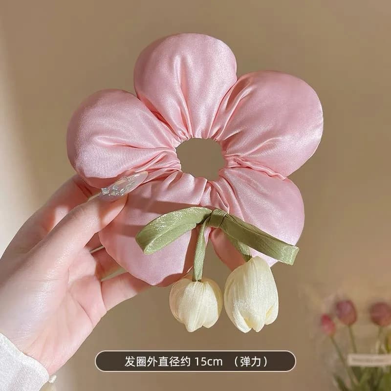 Élastique à cheveux en satin motif fleur de tulipe pour femme, accessoire pour soirée, décontracté,
